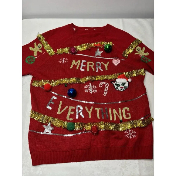 Holiday Sweaters - Junior Womens Red Merry Everything Christmas Holiday Sweater Top Shirt See Pics